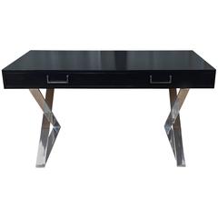 Milo Baughman X-Base Campaign Desk in Black Lacquer for Thayer Coggin