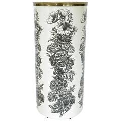 Italian Metal Black and White Floral Motif Umbrella Holder by Piero Fornasetti