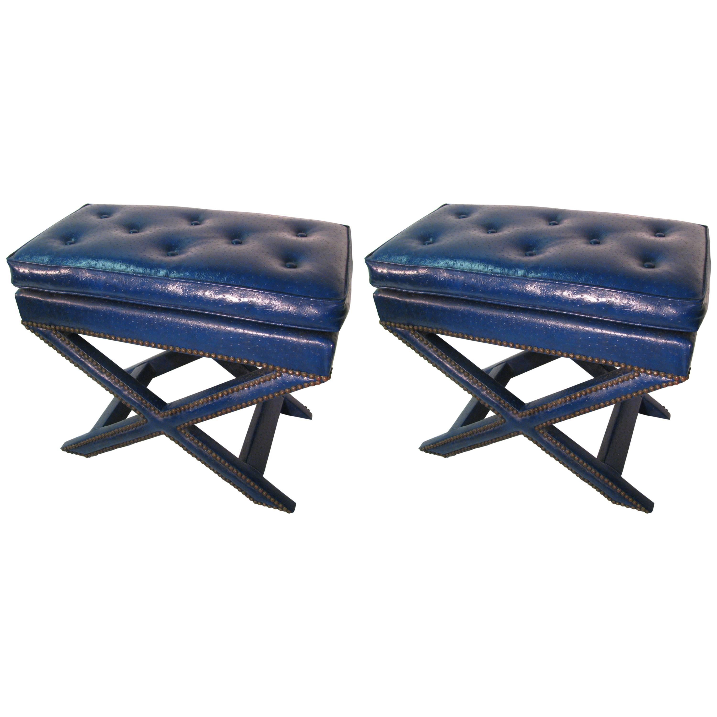Pair of Benches Ottomans Style of Billy Baldwin Faux Ostrich Leather