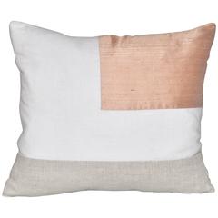 Small French Antique Pink Peach Silk and Irish Linen Cushion Geometric Pillow