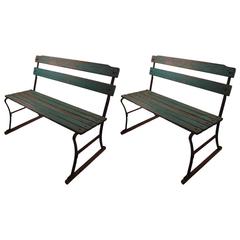 Pair of Rustic Industrial Wood Slat Benches