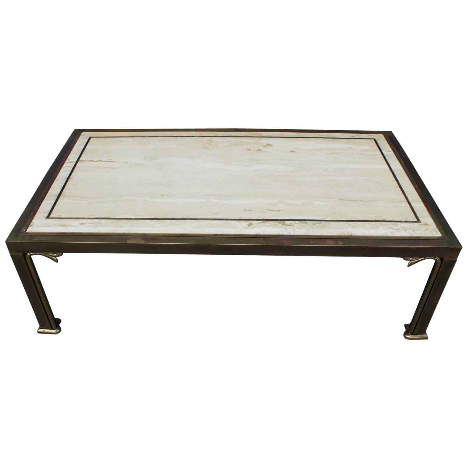 Glamorous Travertine and Brass Modern Coffee Table with Marble Top
