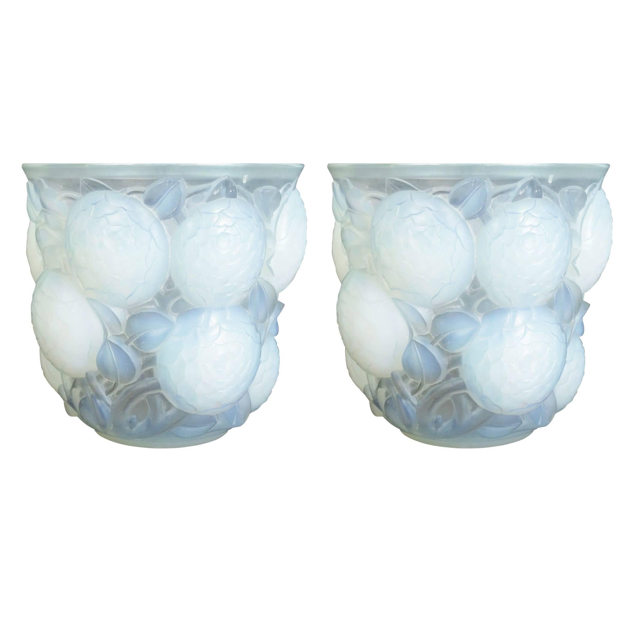 René Lalique Pair of Opalescent "Oran" Vases For Sale
