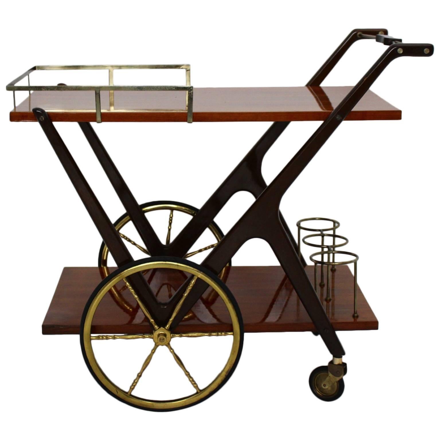 Mid Century Modern Vintage Cesare Lacca Bar Cart Italy 1950s Walnut Brass Wood