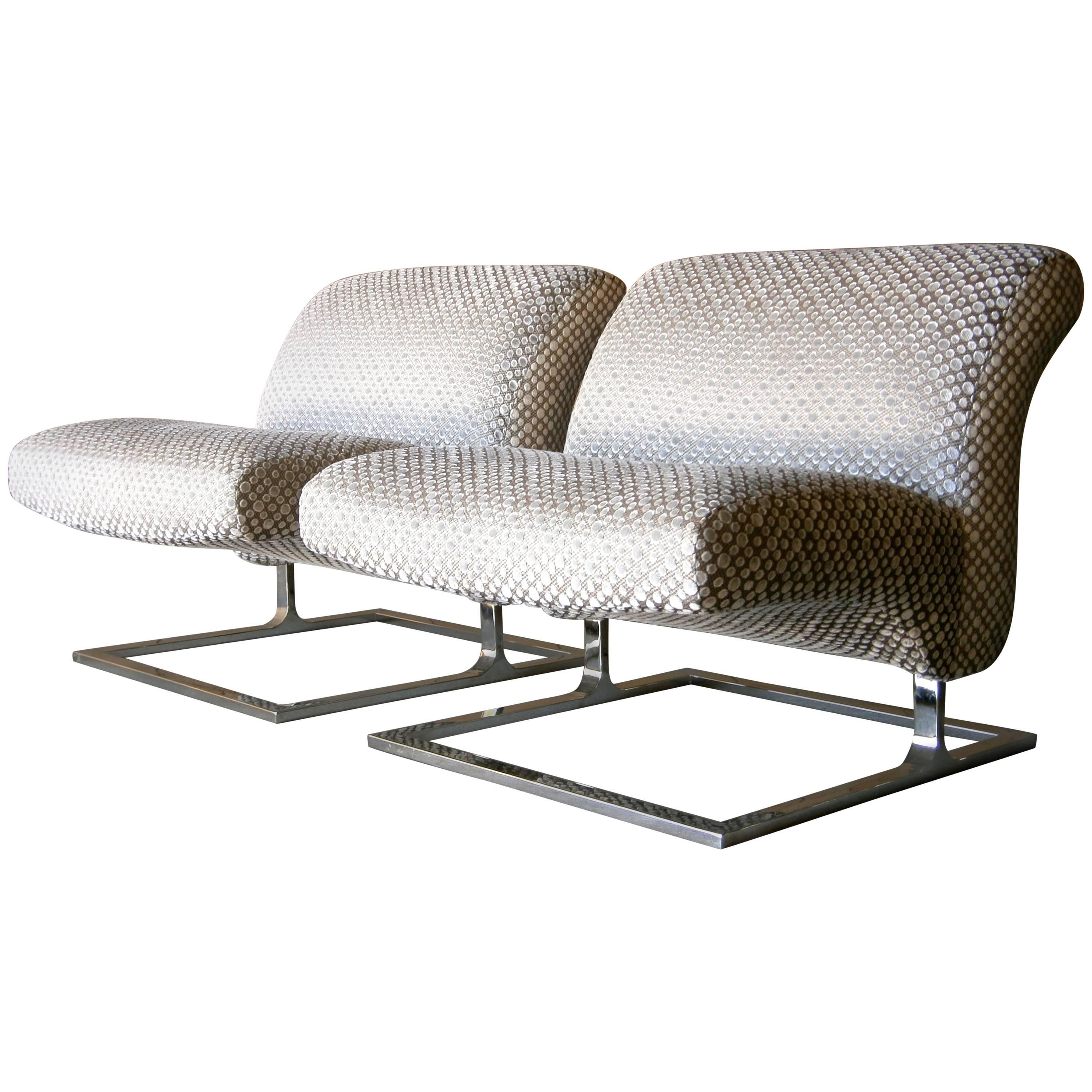 Handsome Pair of Cantilevered Lounge Chairs with Nickel Plated Bases C. 1970's