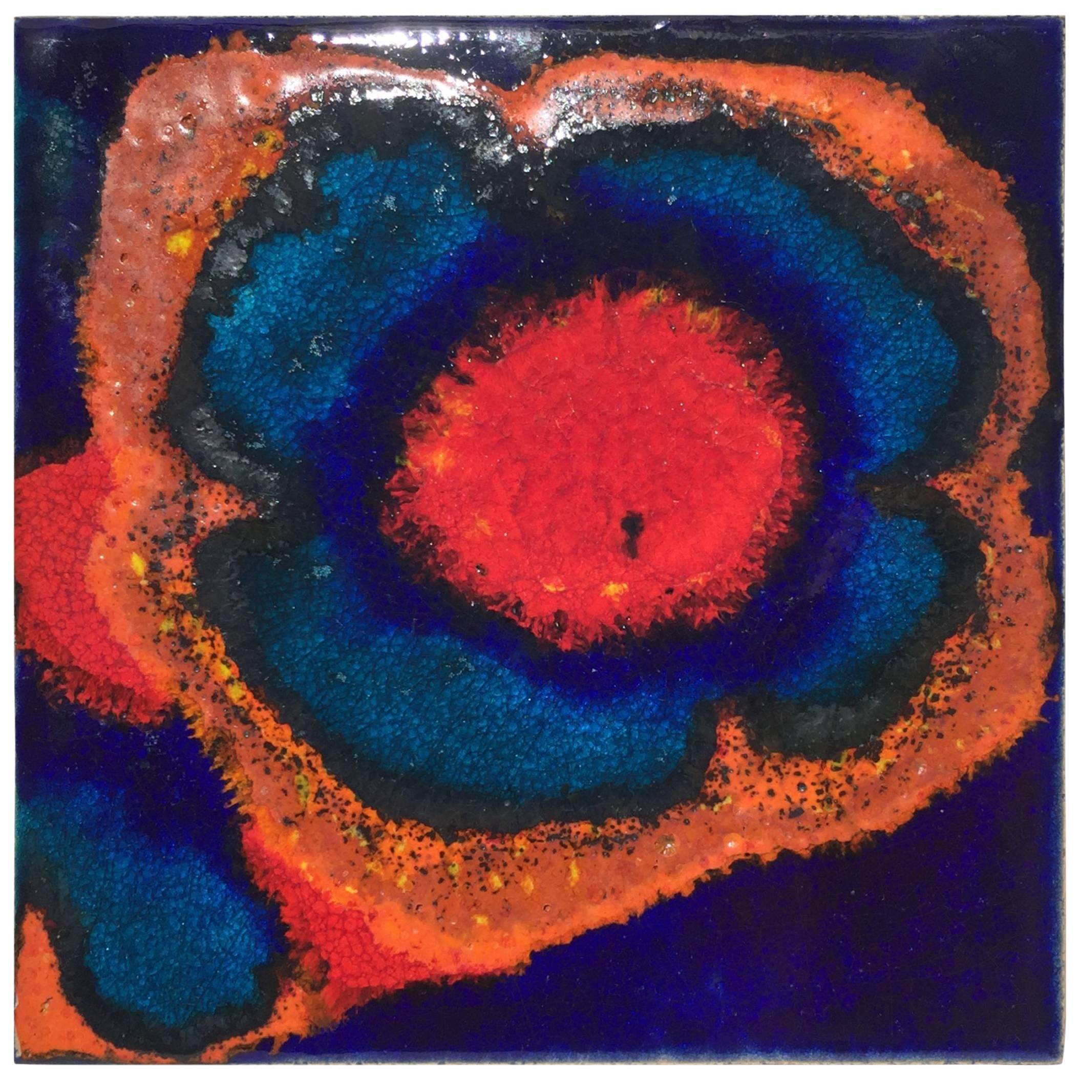 Ceramic Flower Tile in Glossy Blue Black Yellow Red Glaze by Assenmacher, 1970s For Sale