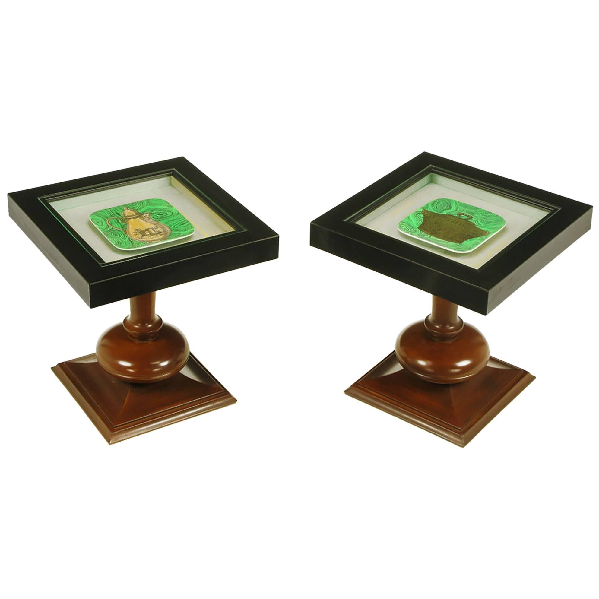 Pair of Walnut and Black Micarta Display Tables with Fornasetti Plates