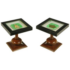Pair of Walnut and Black Micarta Display Tables with Fornasetti Plates