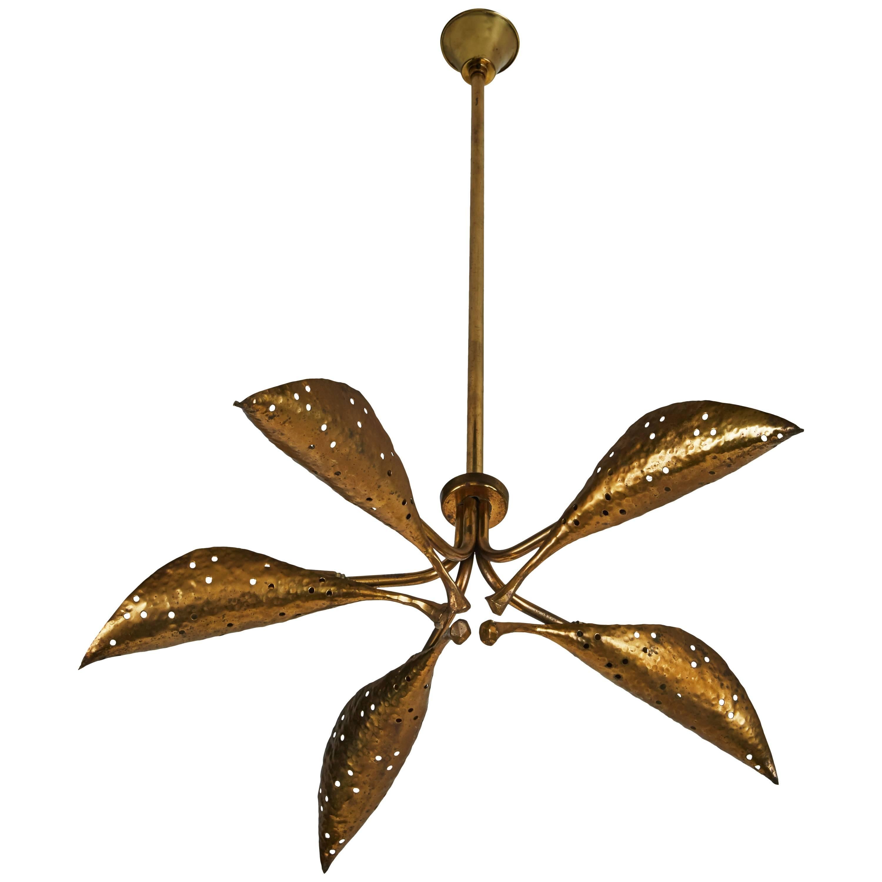 Rare Italian Five-Arm Solid Brass "Leaf" Chandelier by Angelo Lelli