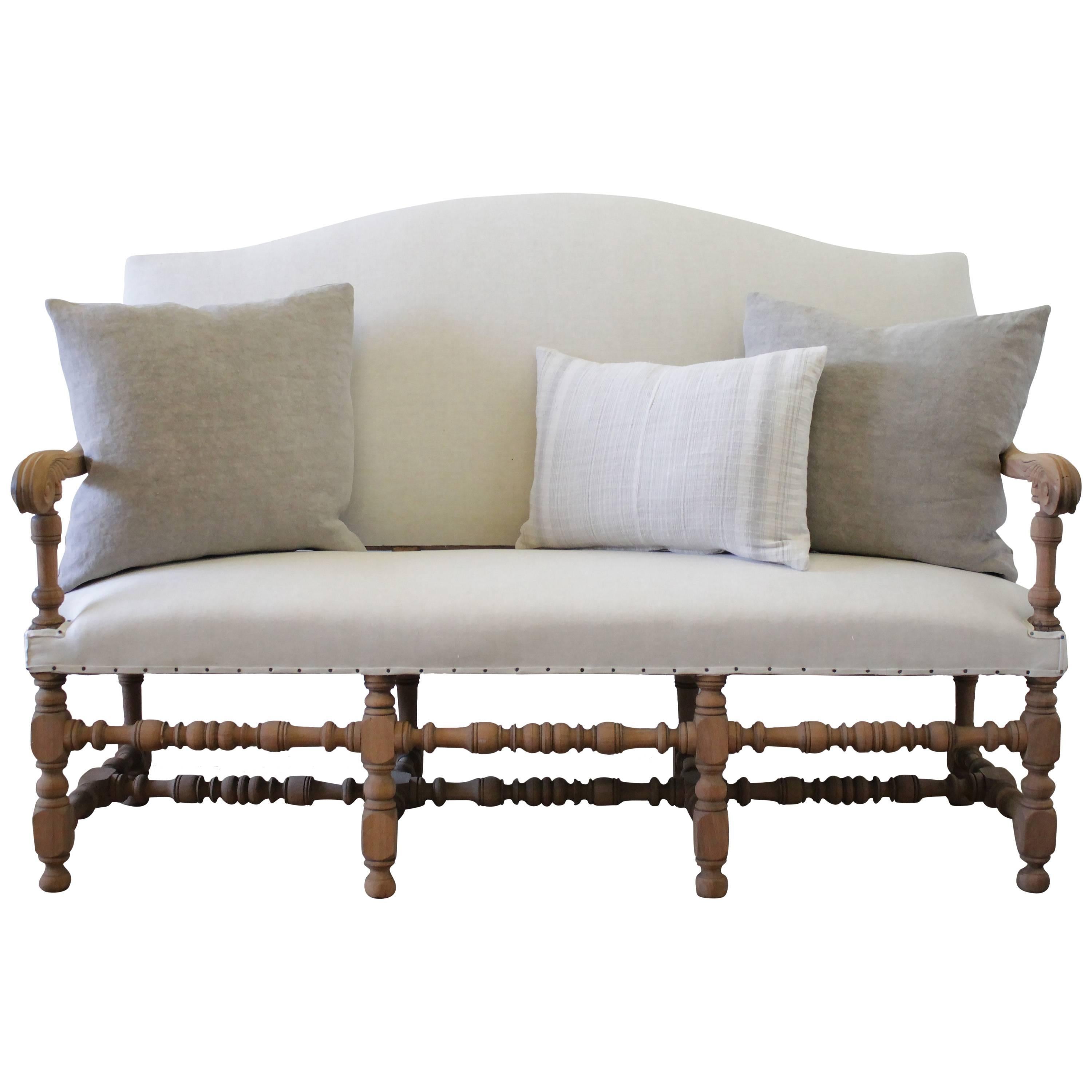Antique Settee Bench Upholstered in Organic Natural Linen with Nail Trim
