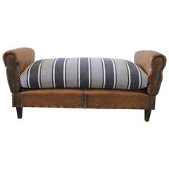 Antique French Leather Drop Arm Daybed Sofa with French Mattress Ticking 11