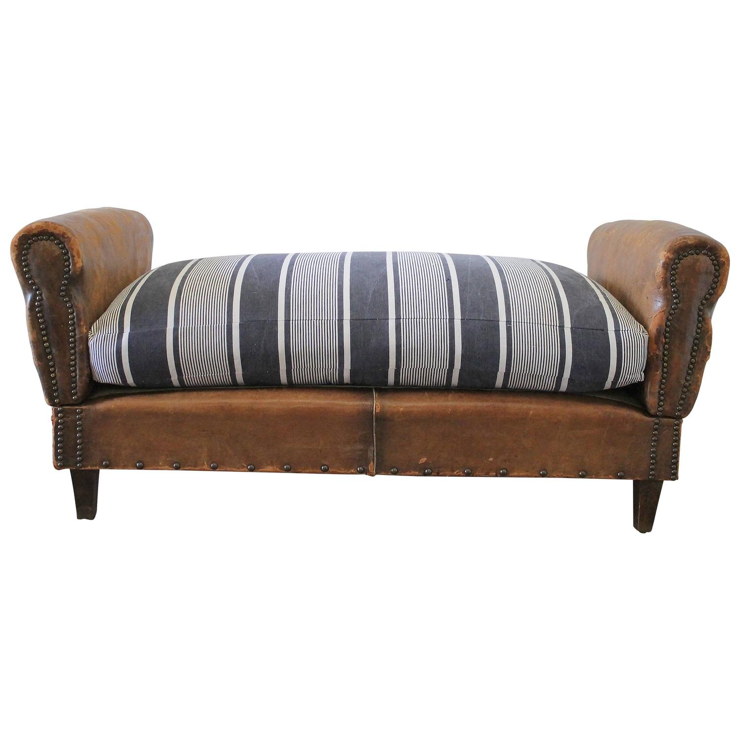 Antique French Leather Drop Arm Daybed Sofa with French Mattress