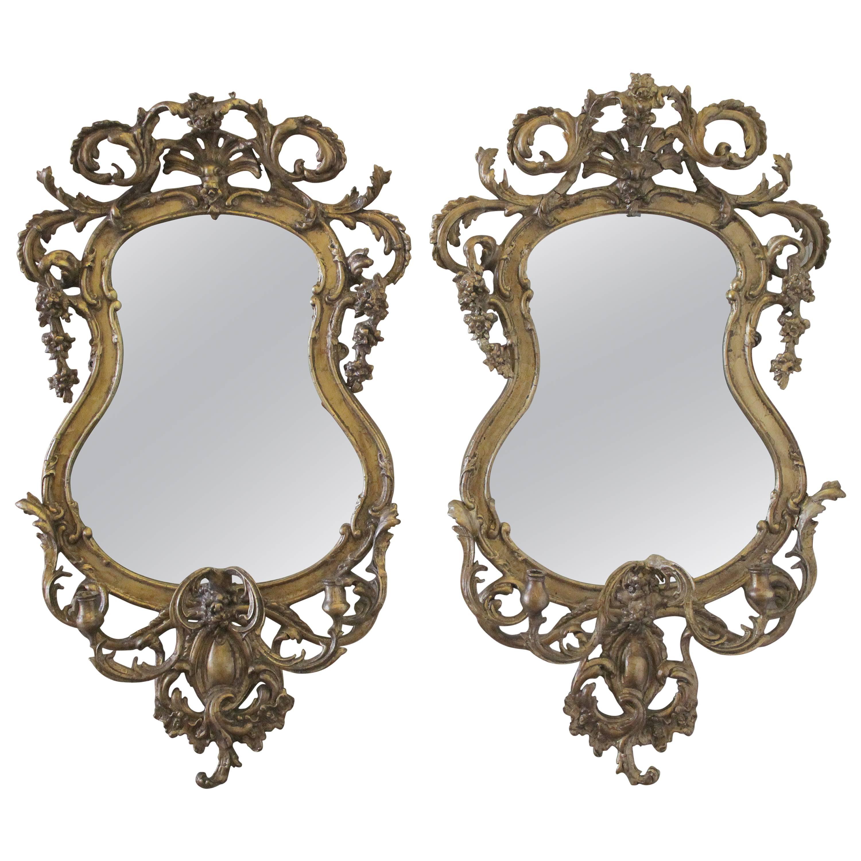 Pair of Two 18th Century French Giltwood Rocaille Mirrors with Girandoles