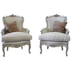 Pair of Painted Louis XV Style Rococo Bergere Chairs in Natural Linen