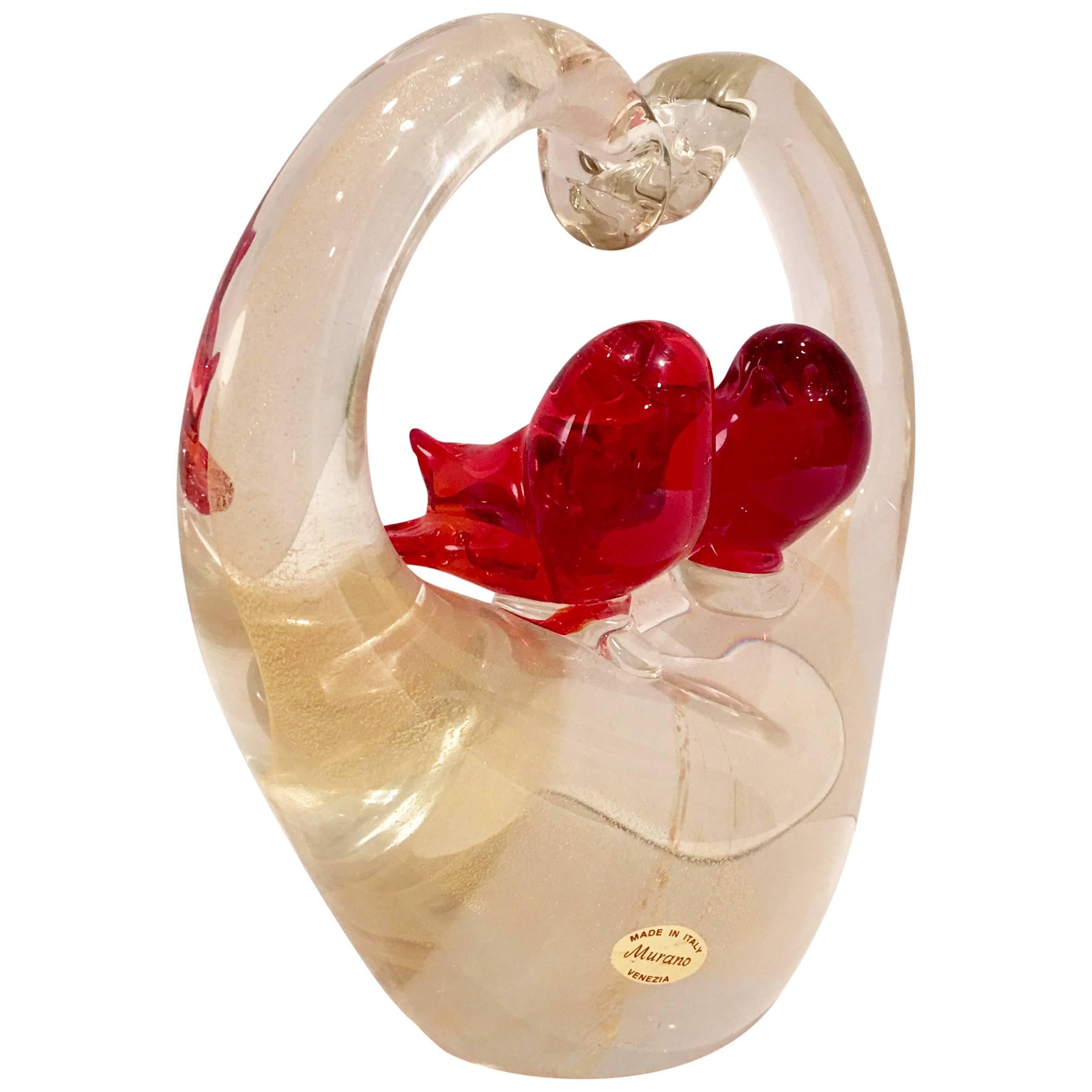 1950'S Italian Venezia Murano Glass Love Birds Heart Sculpture For Sale