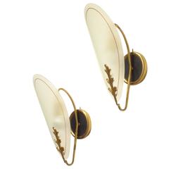 Two Mid-Century Modern Italian Design Glass and Brass Wall Sconces Lamps Light 12
