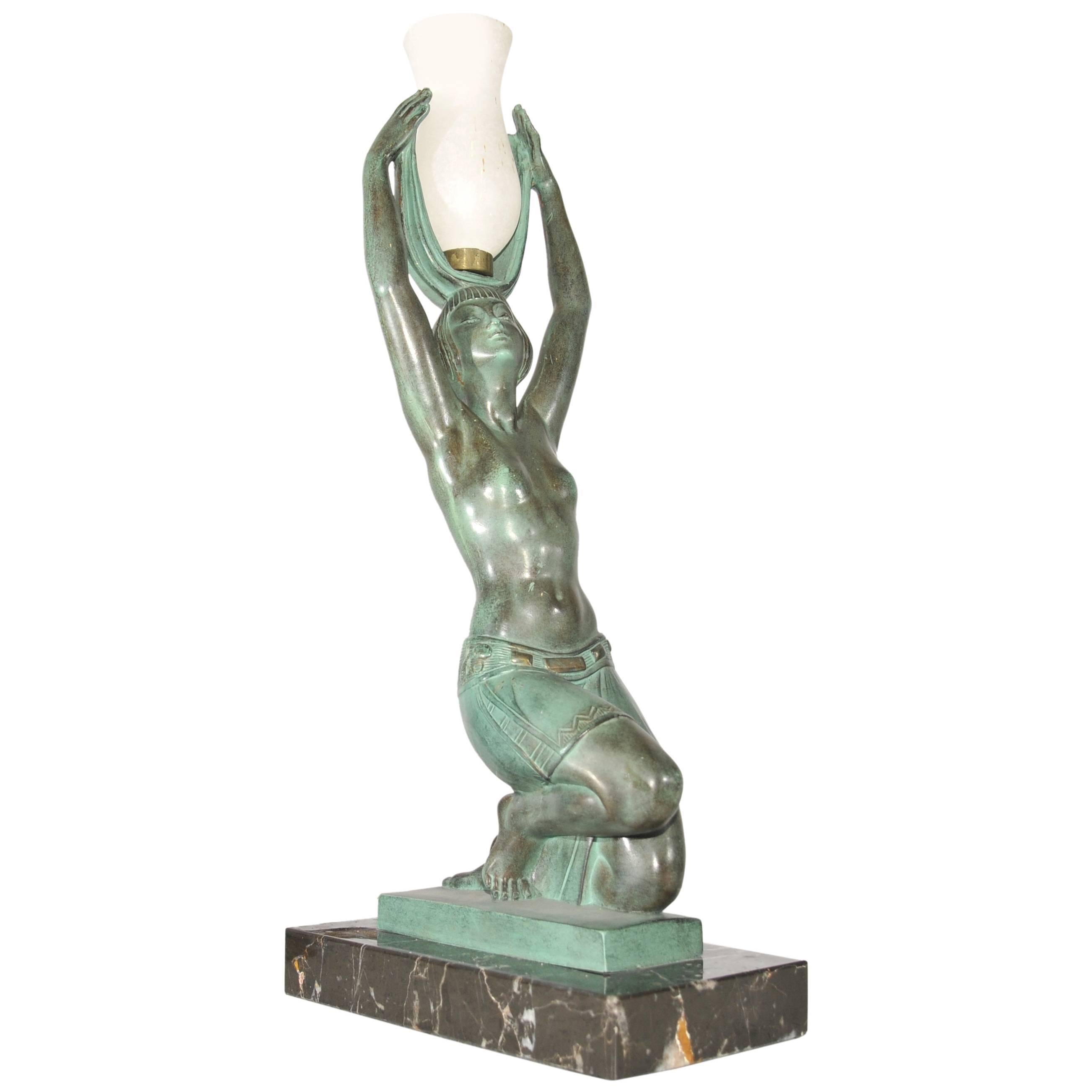 Art Deco Style Bronze Figurine Table Lamp after a model by Fayral Le Verrier For Sale
