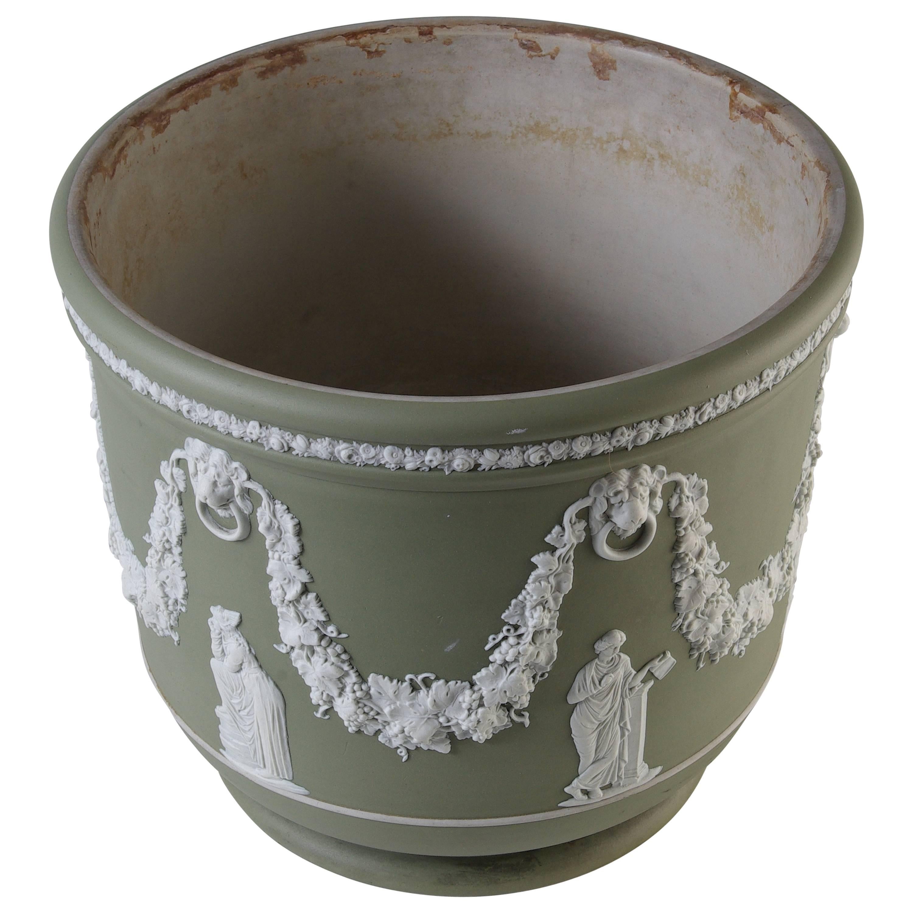 Large Wedgewood Jasperware Jardiniere Planter, White over Green, 1891-1909