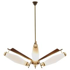 Italian Mid-Century Modern Design Suspended Glass and Teakwood Lamp Chandelier