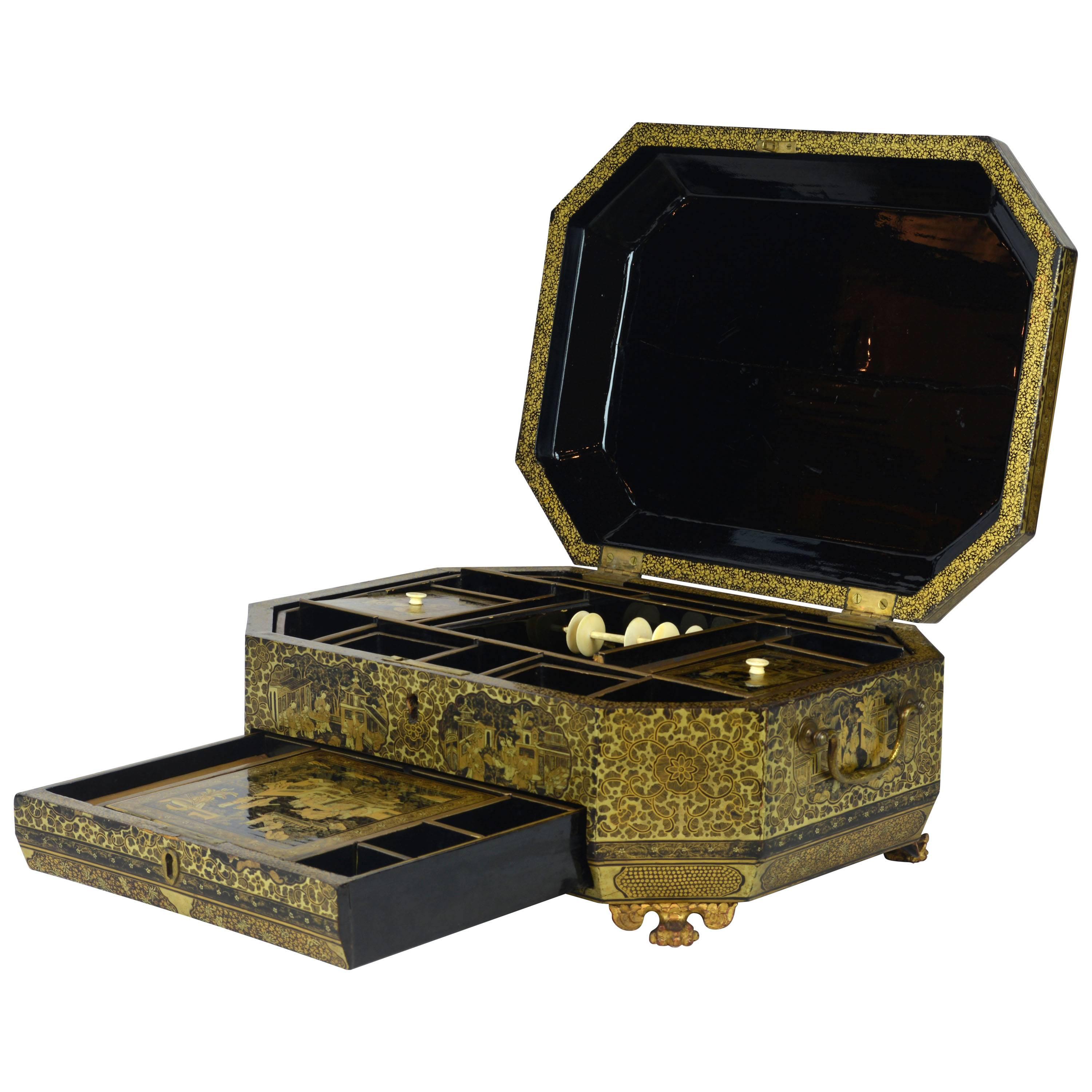 19th Century Chinese Export Richly Gilt Decorated Lacquer Sewing Box and Cover