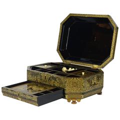 19th Century Chinese Export Richly Gilt Decorated Lacquer Sewing Box and Cover