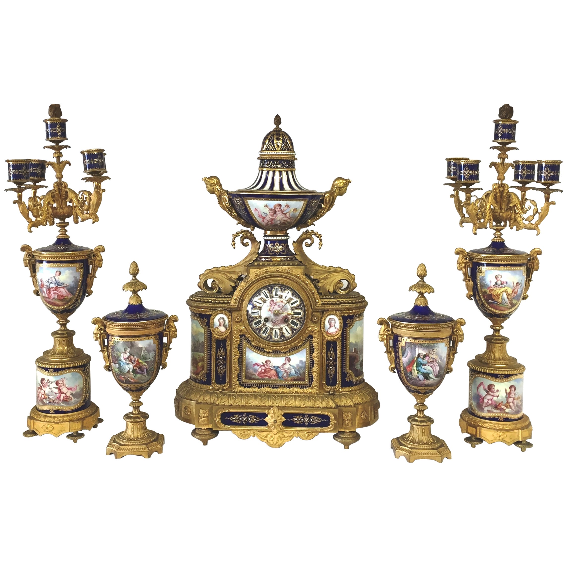 19th Century, French Sevres and Ormolu Clock Set For Sale at 1stDibs
