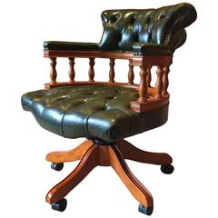 Antique Style Captains Chair Desk Chesterfield Leather Green Button-Back