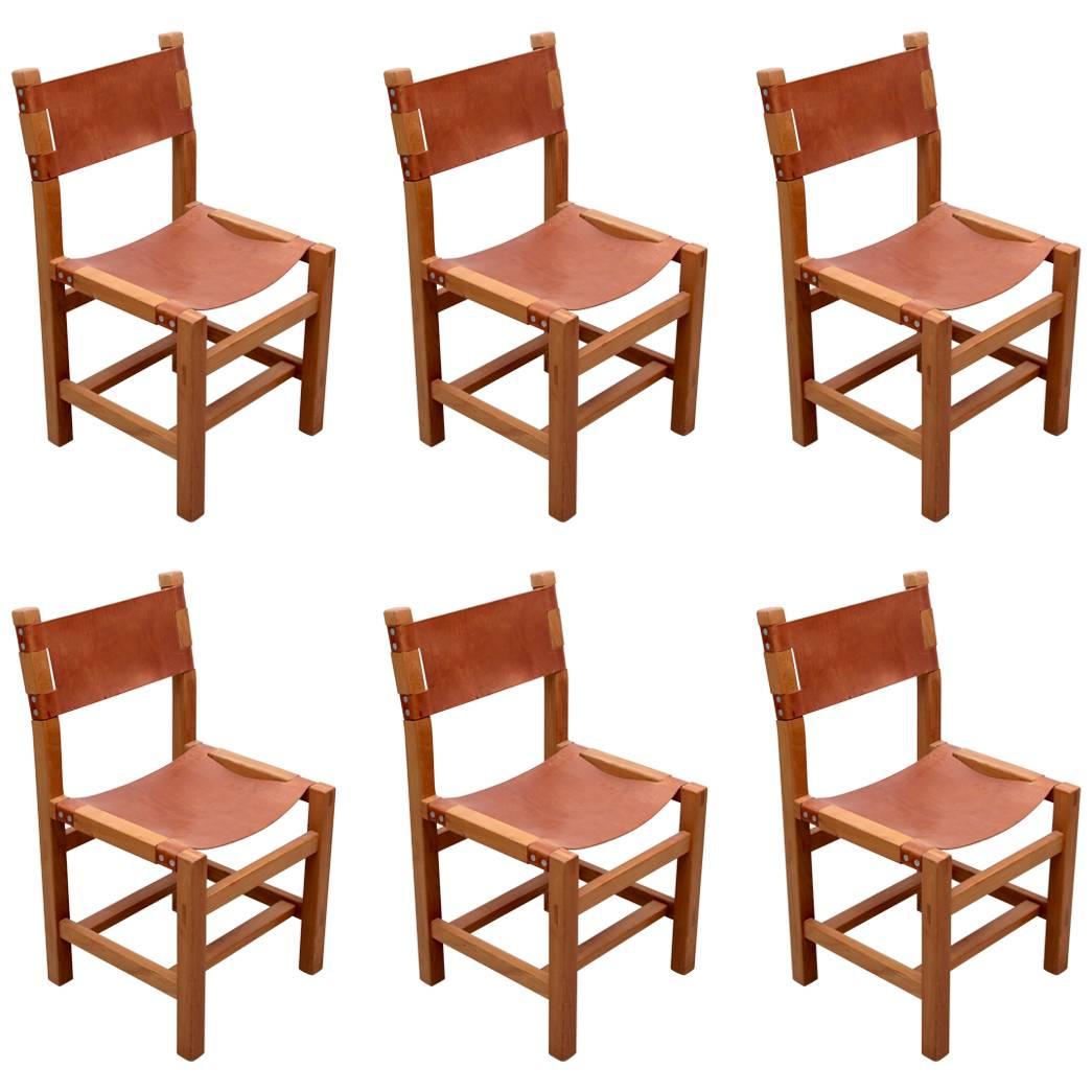 Set of Six Solid Elm Dining Chairs by Maison Regain, France, 1970s