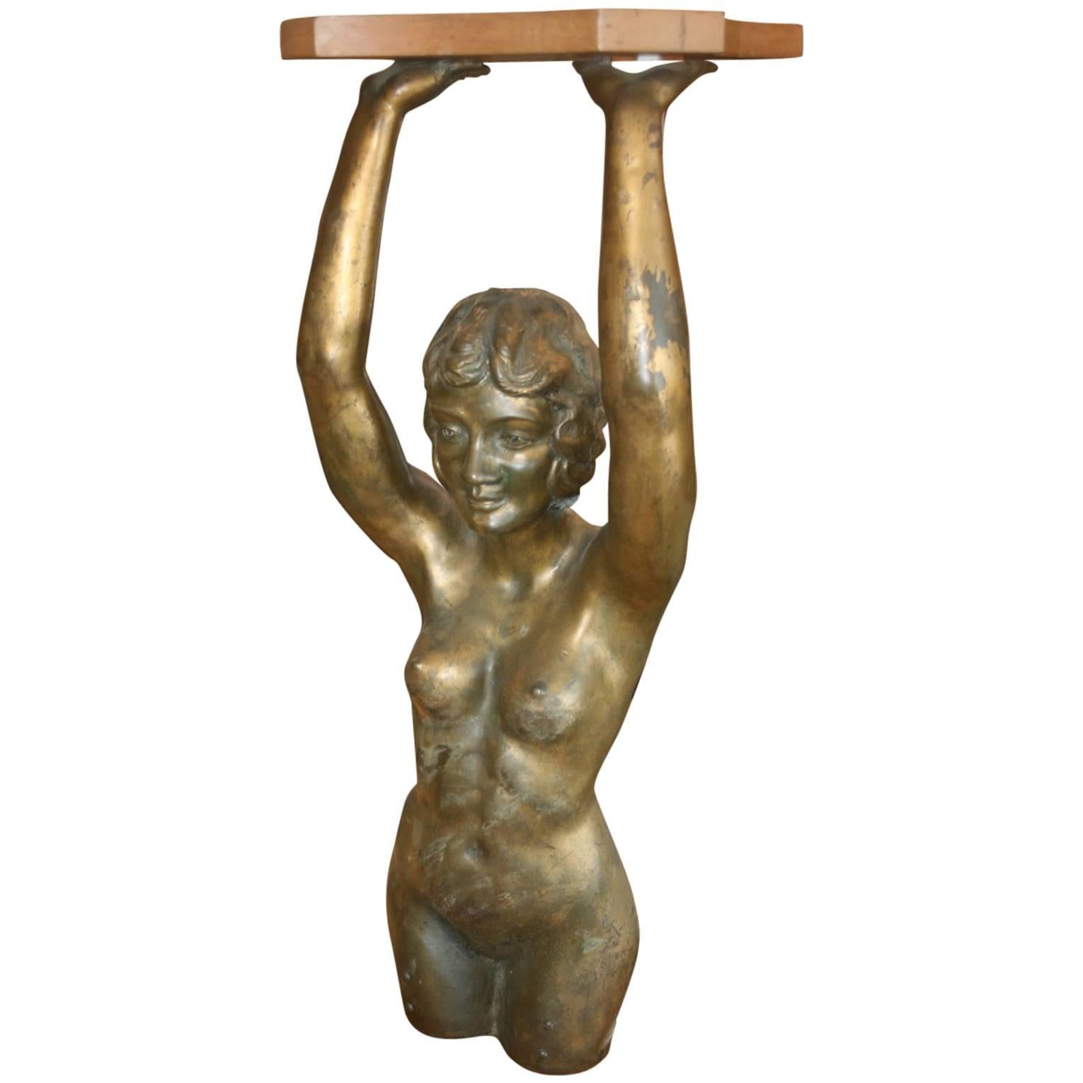 Art Deco Bronze Nude Sculpture/ Tabouret For Sale