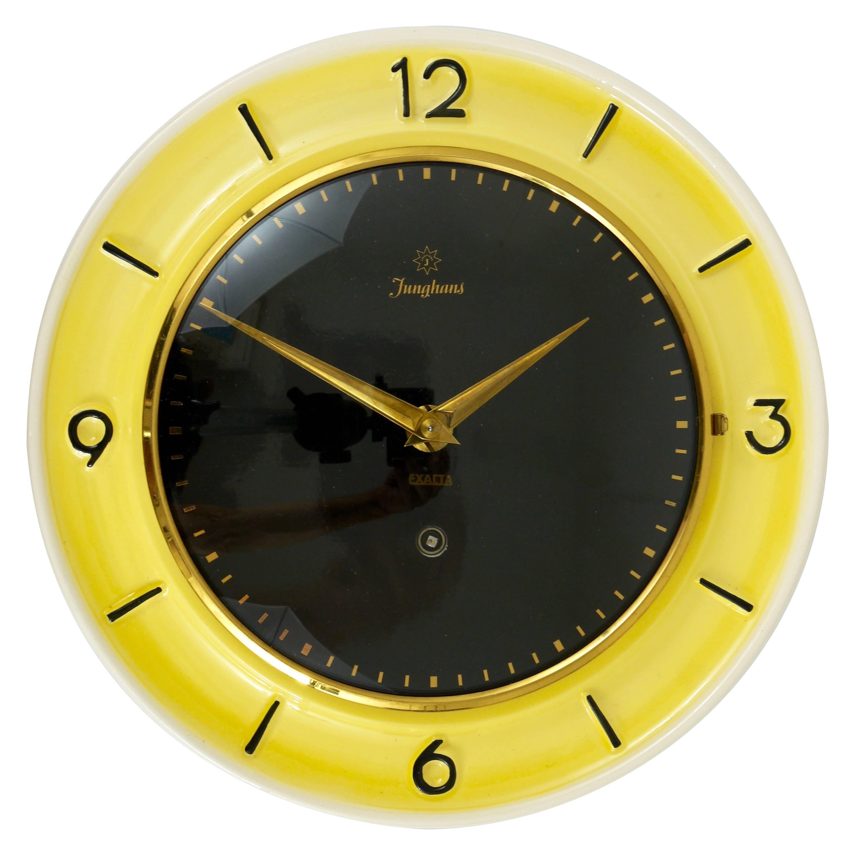 Pastel Yellow Junghans Mid-Century Brass Wall Clock, Germany, 1950s