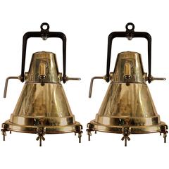 Vintage Pair of Brass and Iron Ship Deck Pendant Lights