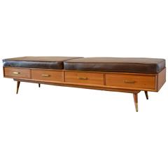 Mid-Century Bench with Drawers and Leather Cushions
