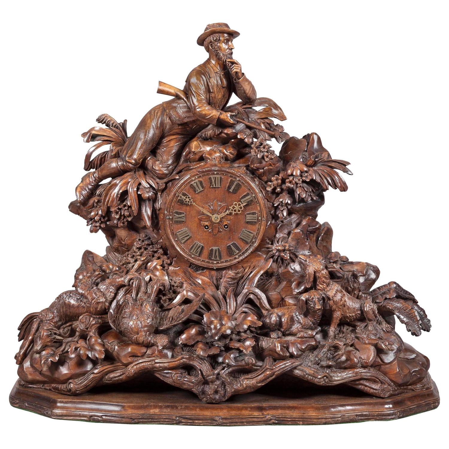 Large 19th Century Carved Black Forest Mantel Clock For Sale at 1stdibs