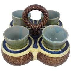 English Majolica Basket Weave Handled Serving Stand and Four Footed Egg Cups