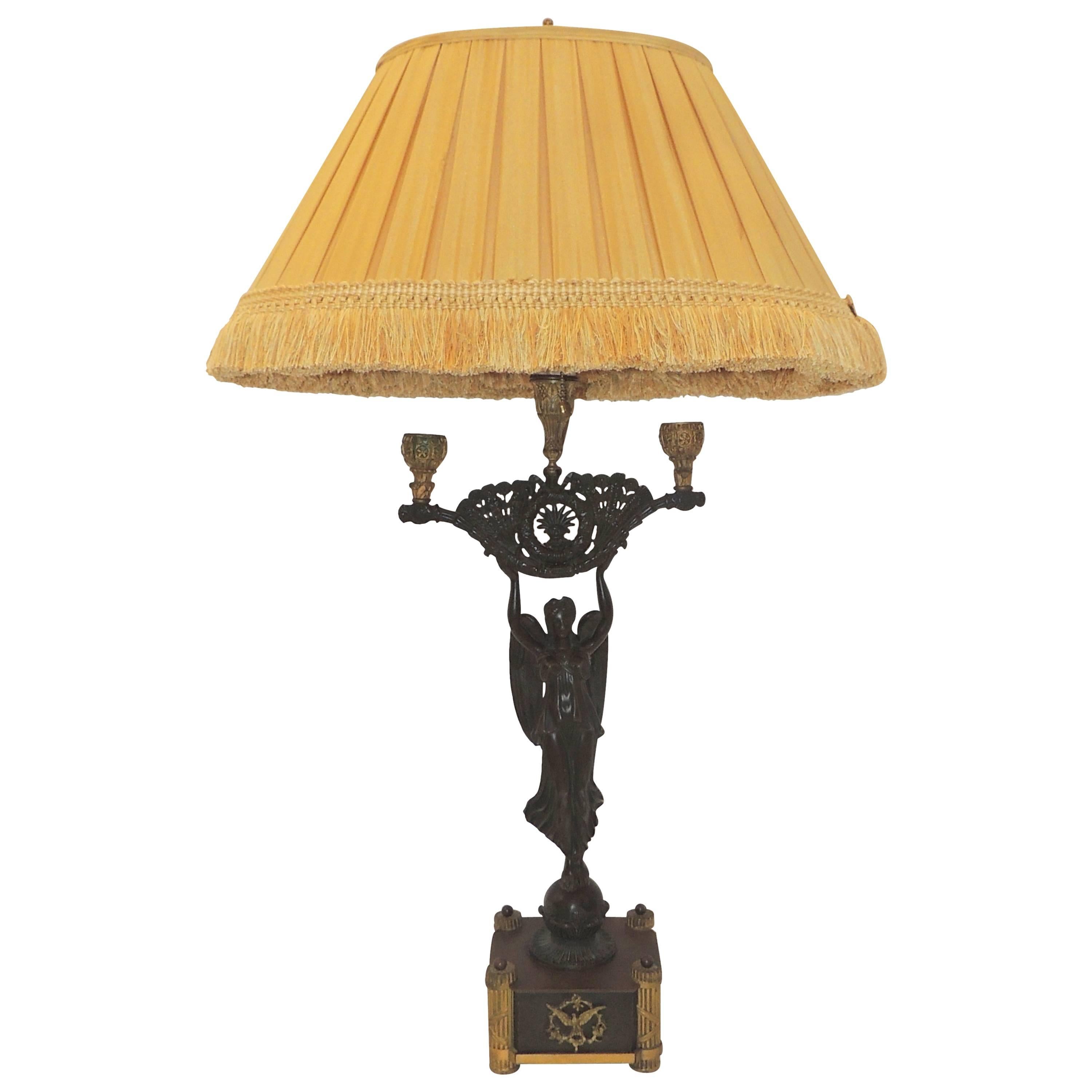 Wonderful French Empire Neoclassical Figural Gilt Patinated Bronze Regency Lamp