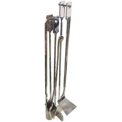 Vintage Wonderful Mid-Century Sleek Modern Nickel Chrome Five-Piece Fireplace Tool Set