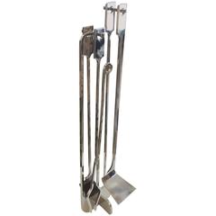 Wonderful Mid-Century Sleek Modern Nickel Chrome Five-Piece Fireplace Tool Set