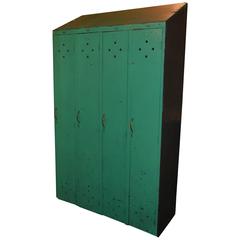 Used Gym Locker with Handles, Four-Door, Painted Green Wood