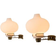 Bent Karlby Set of Two Opaline Glass and Brass Wall Lights