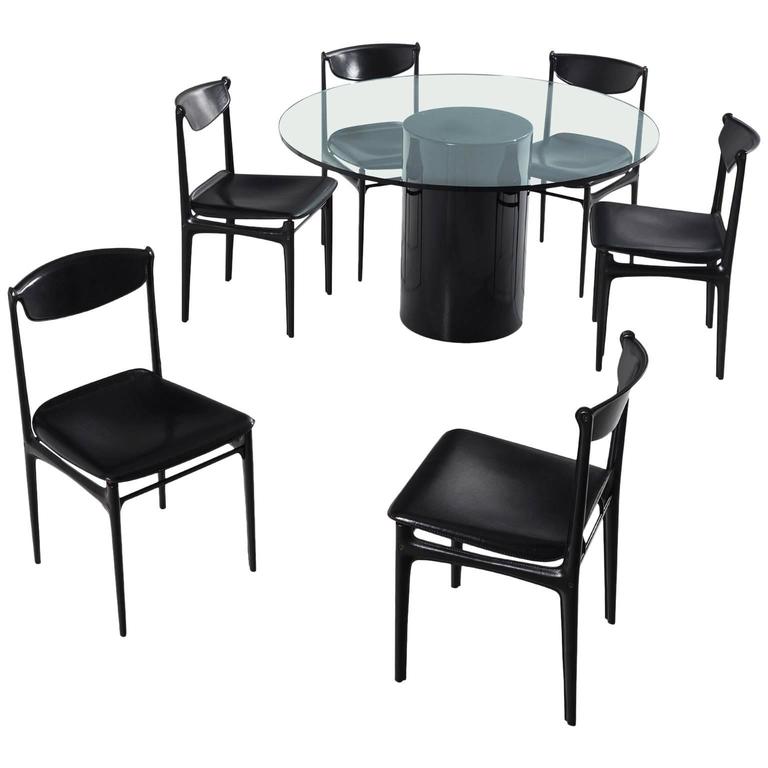 Italian, MidCentury Dining Room Set in Black Leather and Glass For Sale at 1stDibs