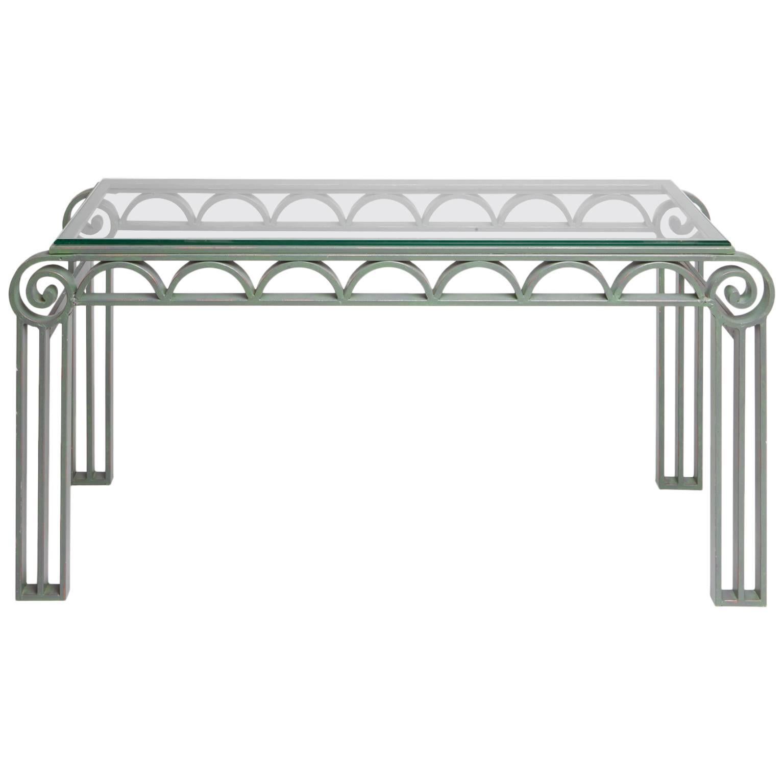 Art Deco Style Iron Console Table with Glass Top