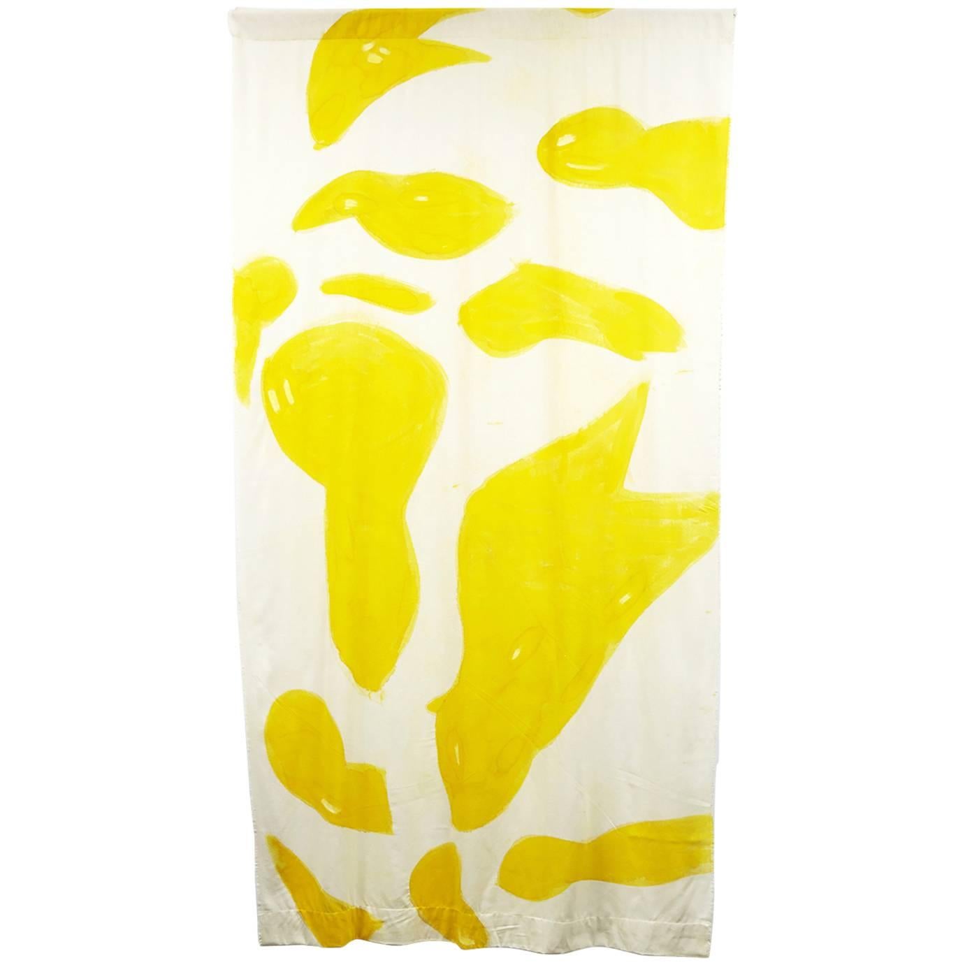 Amoeba Hand-Painted Silk Noil Yellow Curtain For Sale