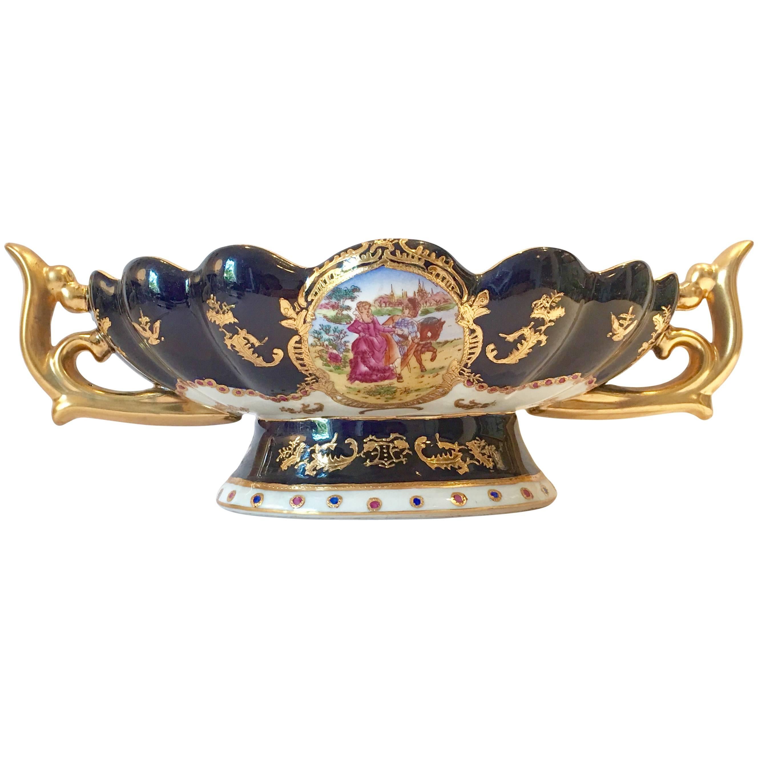 Sevres Style Porcelain 22-Karat Gold Hand-Painted Center Bowl, Signed