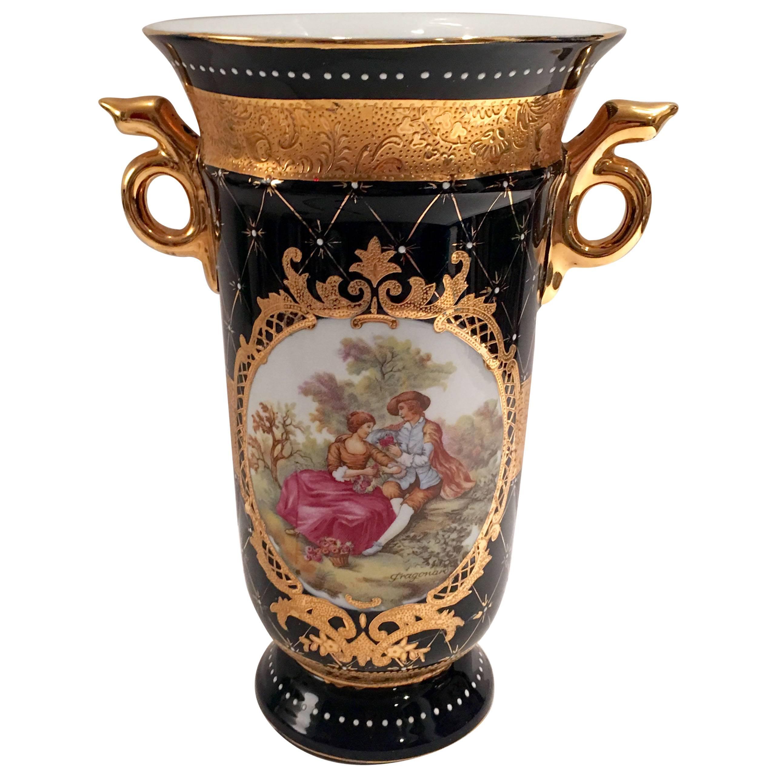 Limoges Cobalt French Sevres Style 22-Karat Gold  Vase
