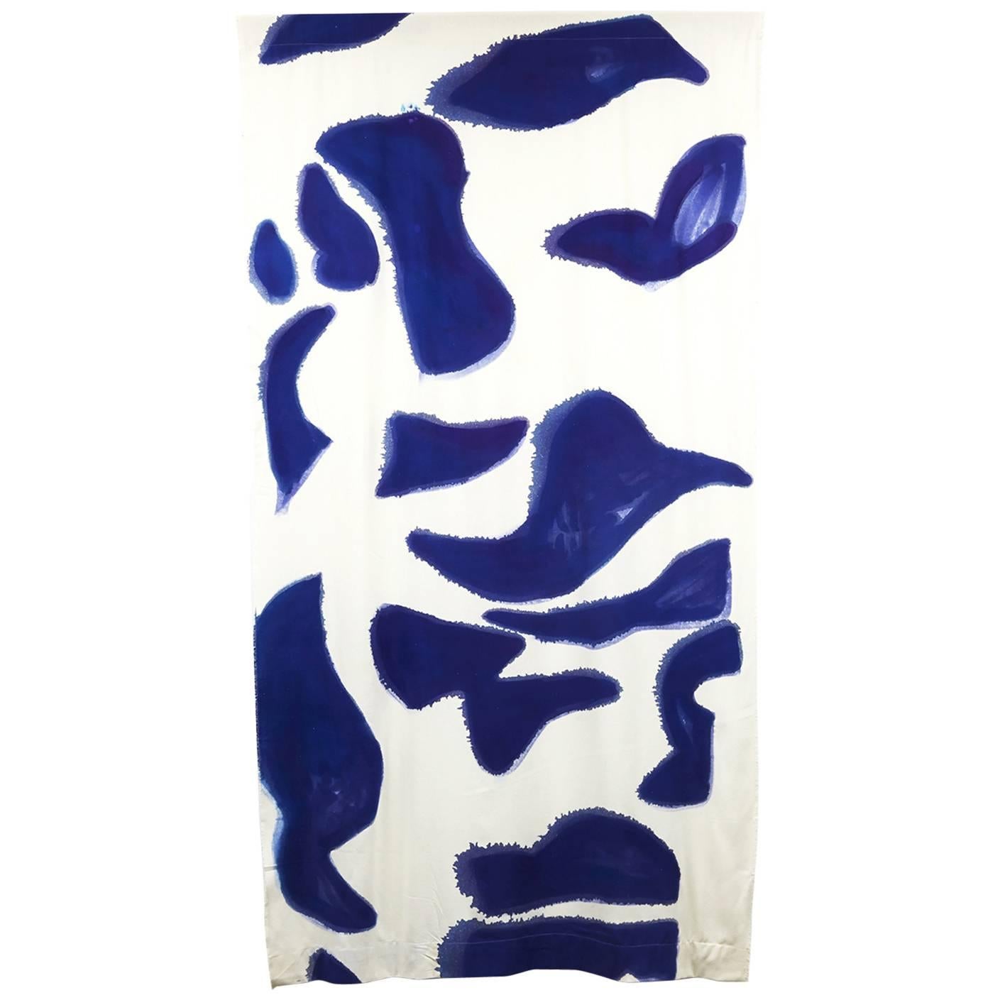 Amoeba Hand-Painted Silk Noil Blue Curtain For Sale