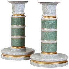 Royal Copenhagen, Pair of Danish Gilt and Craquelure Glazed Candlesticks