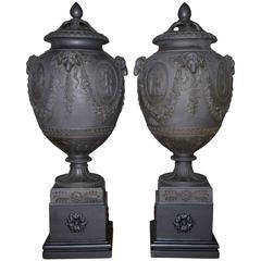 Pair of Wedgwood Black Basalt Potpourri Vases with Covers on Stands