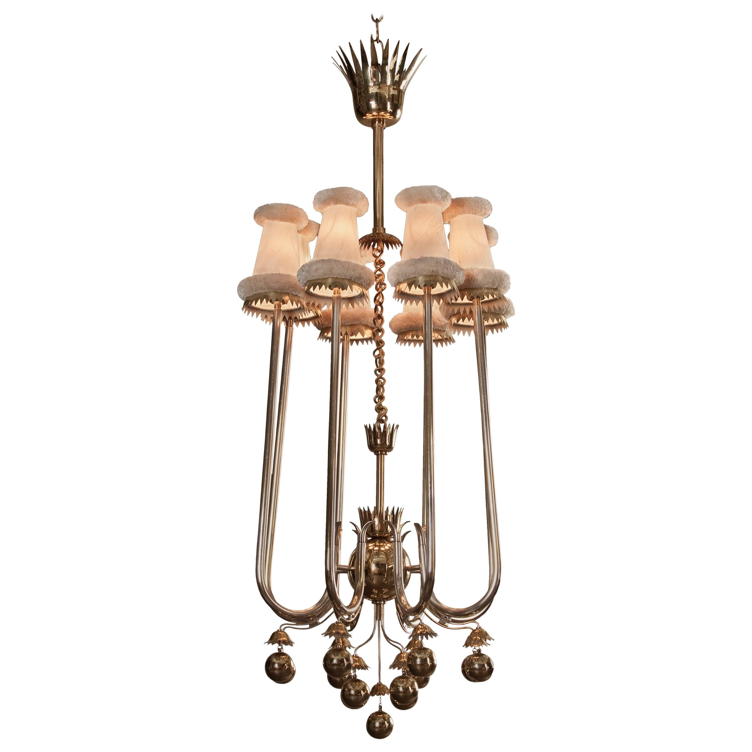 Pietro Chiesa for Fontana Arte, Silvered and Gilt Brass 8 Light Chandelier For Sale