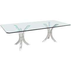 Large Glass Top Conference or Dining Room Table on Thick Lucite Tusks Bases