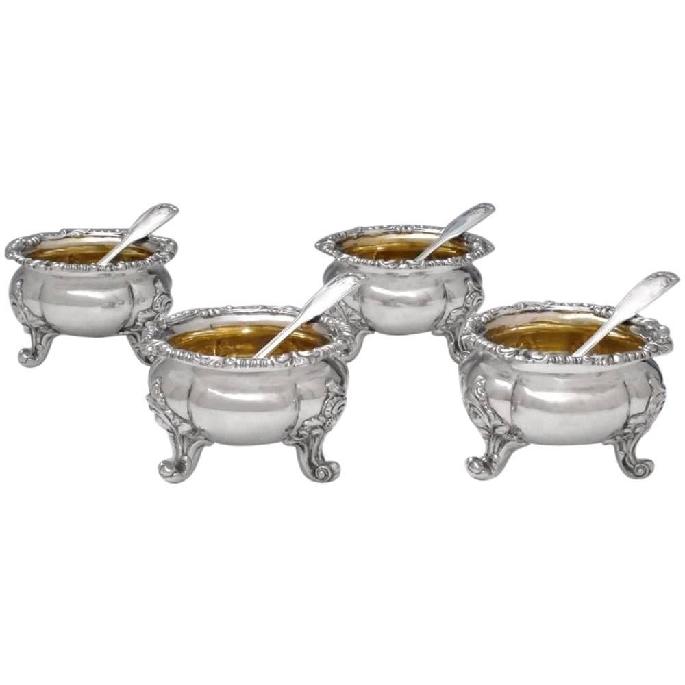 Set of Four Victorian Antique English Silver Salts For Sale
